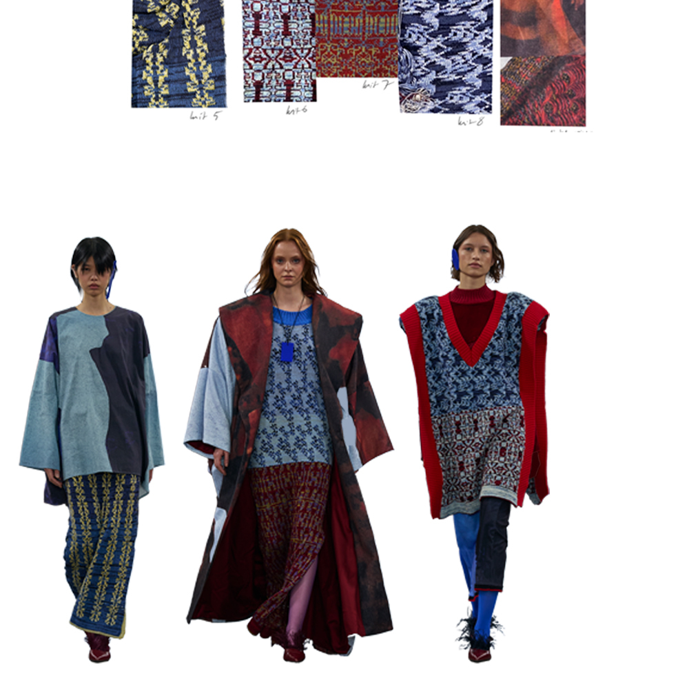 Three models wearing layered garments with mixed patterns and colours. Top shows five fabric swatches in various prints and hues, white background.