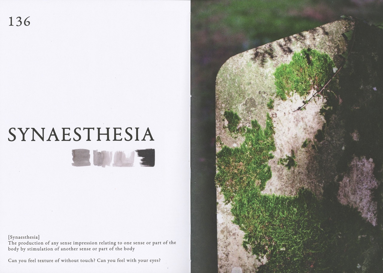 Page 136 shows "SYNAESTHESIA" title with colour swatches on left, moss-covered rock in dark water on right.