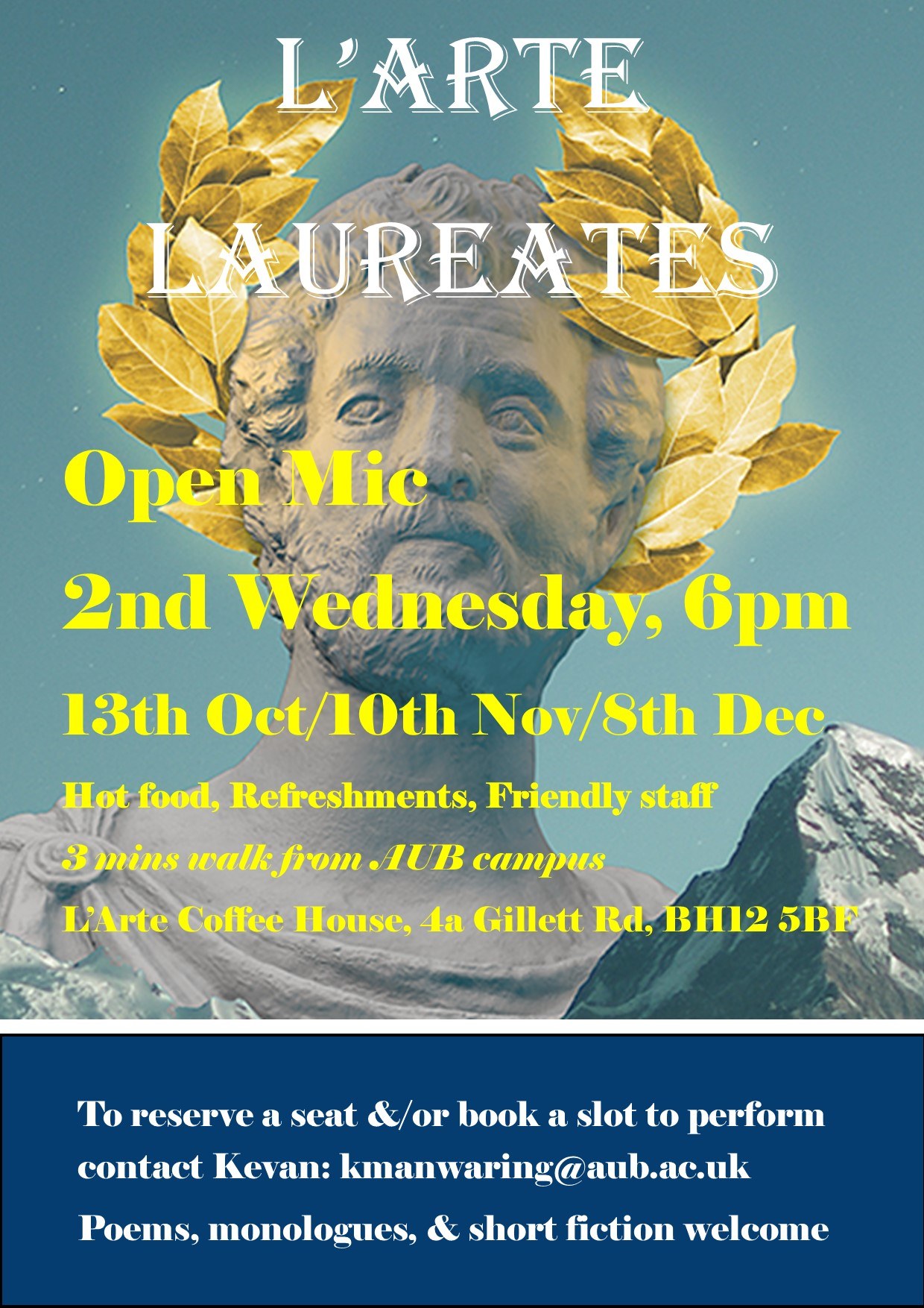 Poster showing a statue's head. The words "L'Arte Laureates Open Mic 2nd Wednesday, 6pm" appear on the poster.