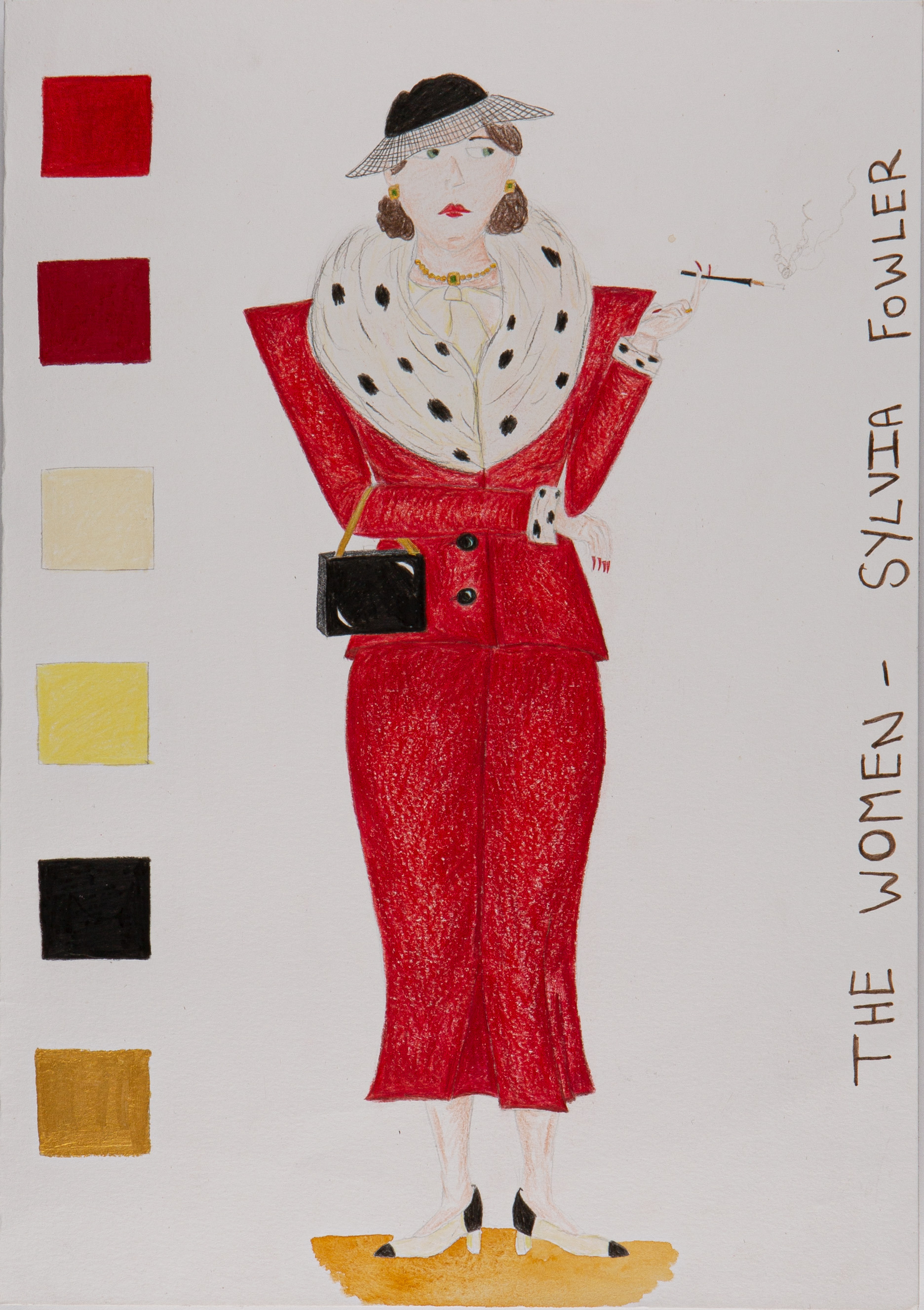 Sketch of a woman in a red two-piece outfit (jacket and skirt) holding a handbag and a cigarette holder. Text reading "The Women - Sylvia Fowler" runs vertically along the right-hand side.