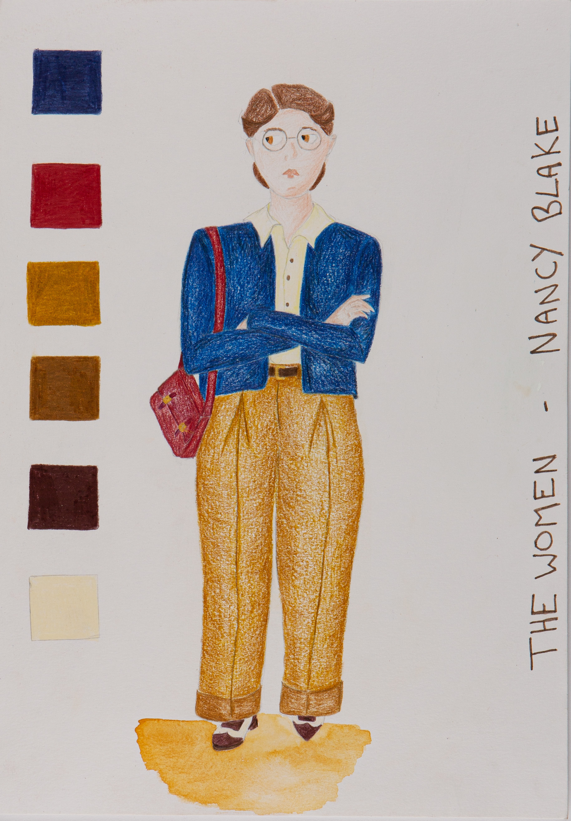 Sketch of a woman with a shoulder bag, jacked and brown chinos. Text reading "The Women - Nancy Blake" runs vertically along the right-hand side.