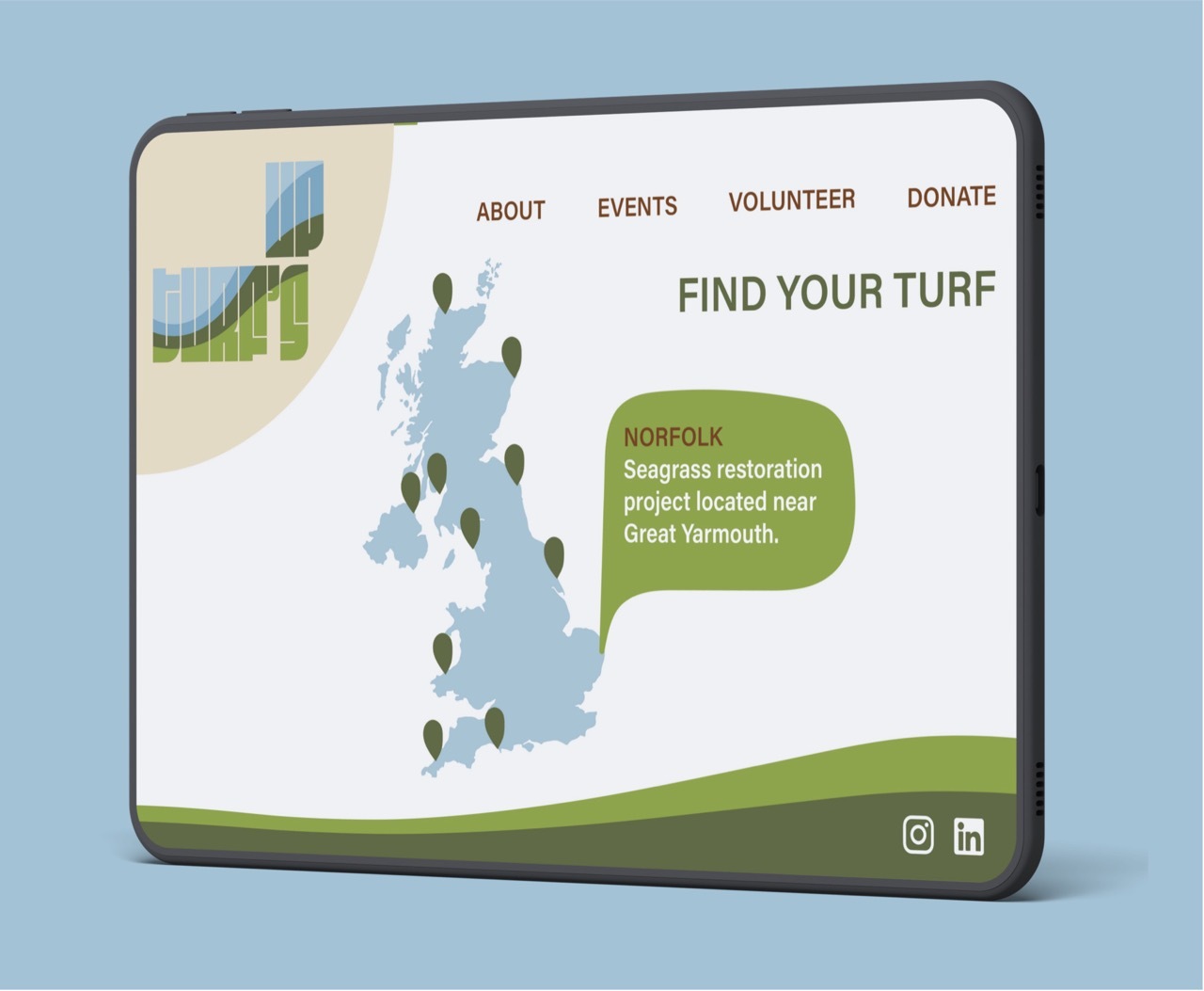 Website demonstrating a UK map system to help visitors find their local Turf’s Up project.