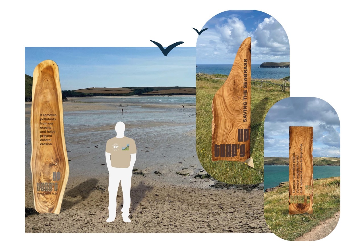Wooden signage promoting the project and giving information whilst also considering the surroundings.