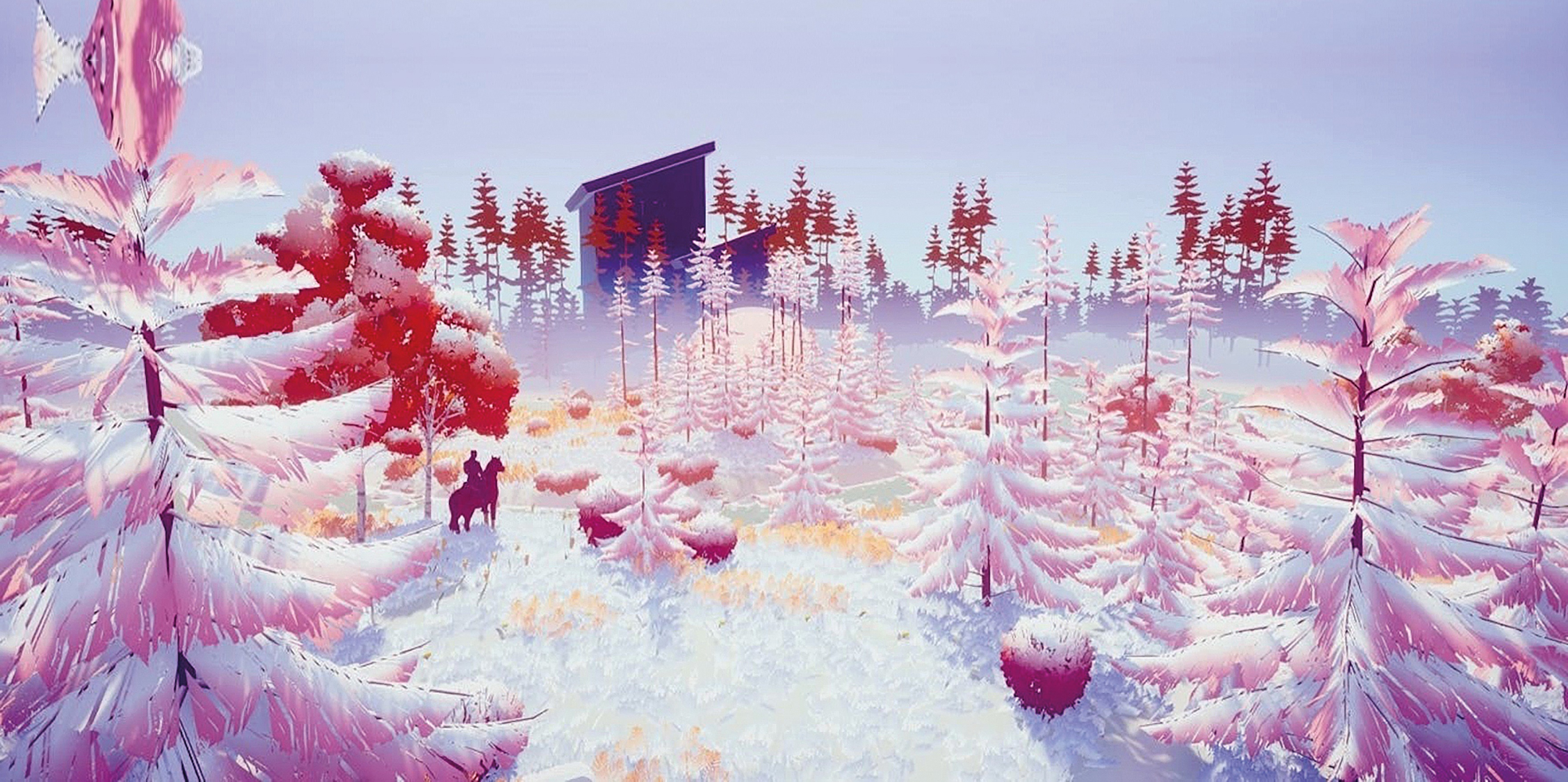 A 3D-rendered snowy scene with red trees.