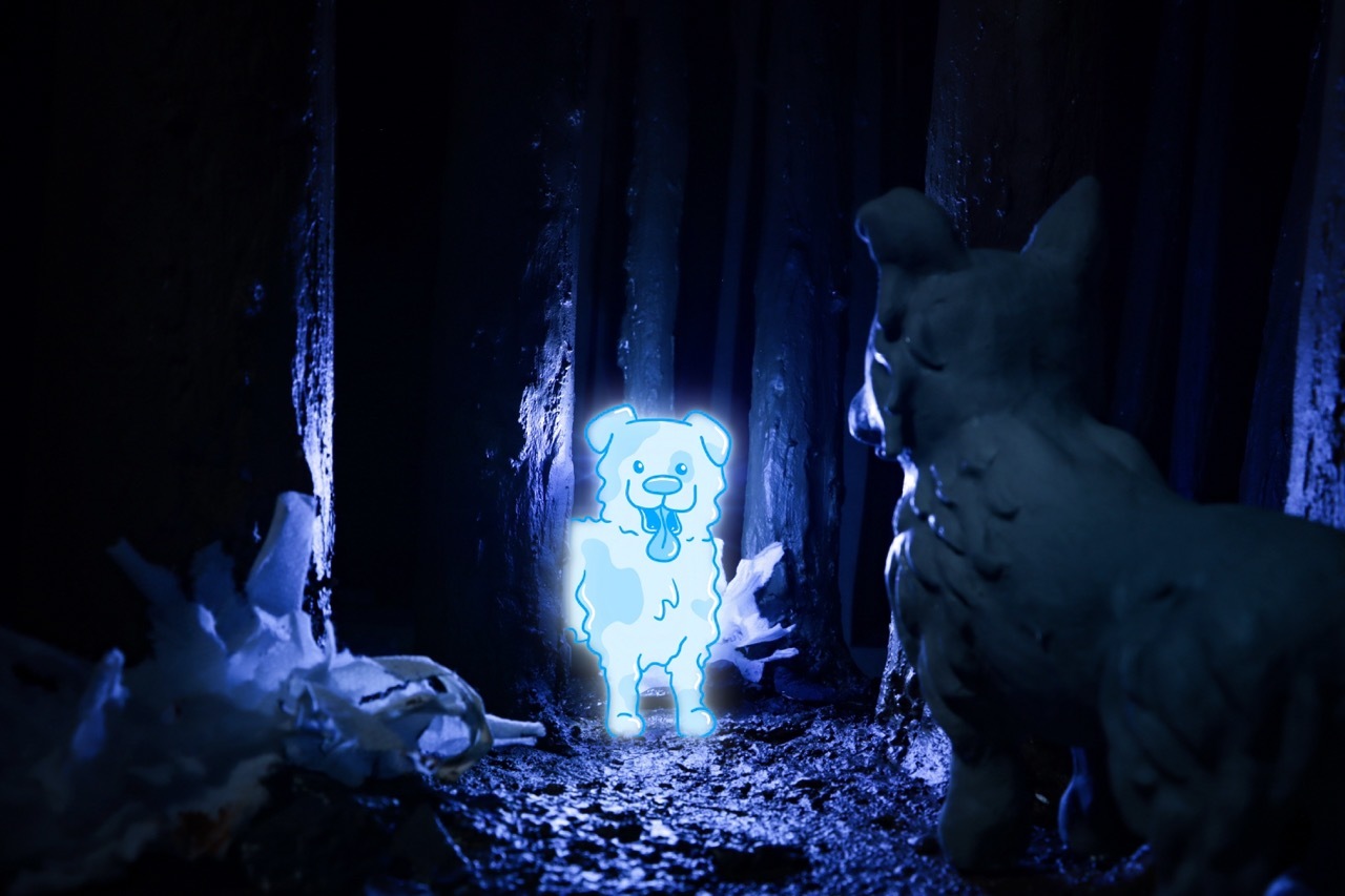 Animation still of a glowing dog in a dark forest, being watched by another dog.