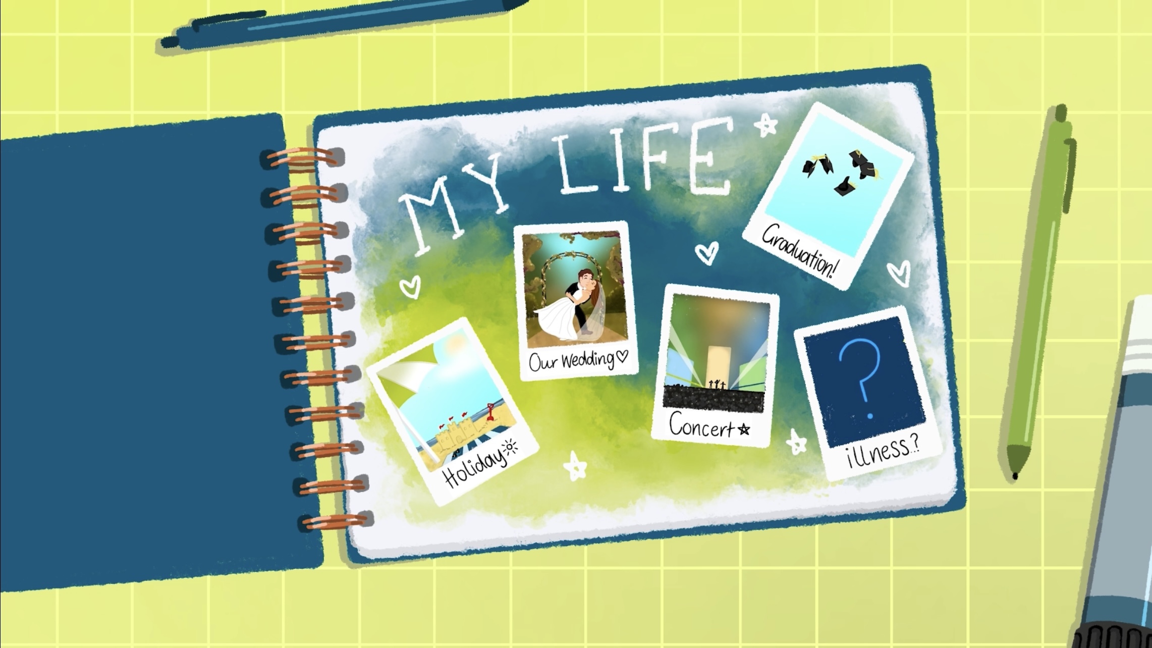 Illustrated animation still of a blue and green sketchbook titled 'MY LIFE' showing small polaroids of life events.