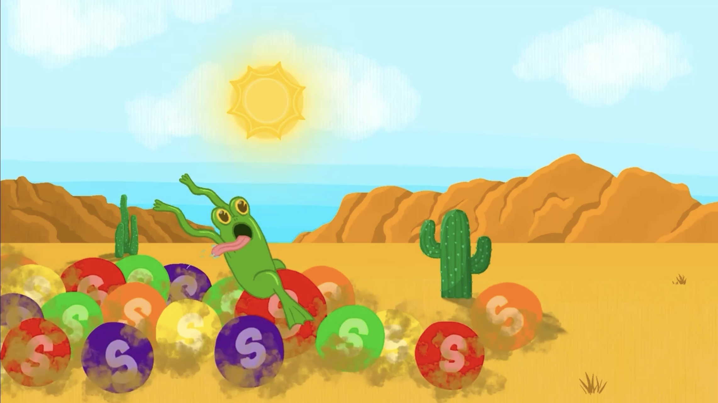 Animation still of a frog riding a herd of skittles in the desert.