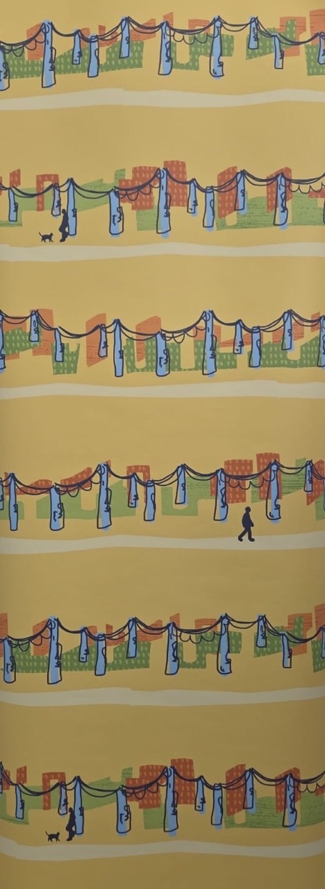 A patterned illustration on a yellow background features thin horizontal stripes filled with stylised buildings and hanging lights. Small figures, including a person walking and a dog, are depicted walking among the lines.