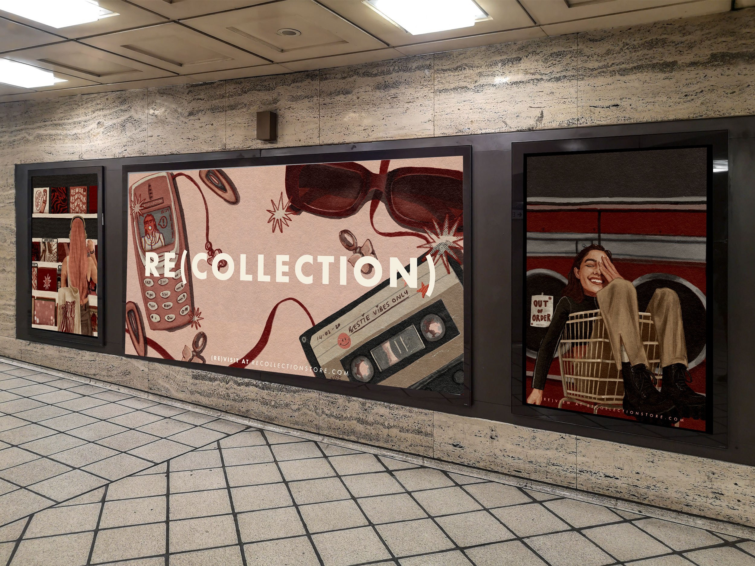 Billboard in underground tube station for fashion, Re(collection) illustrated adverts.