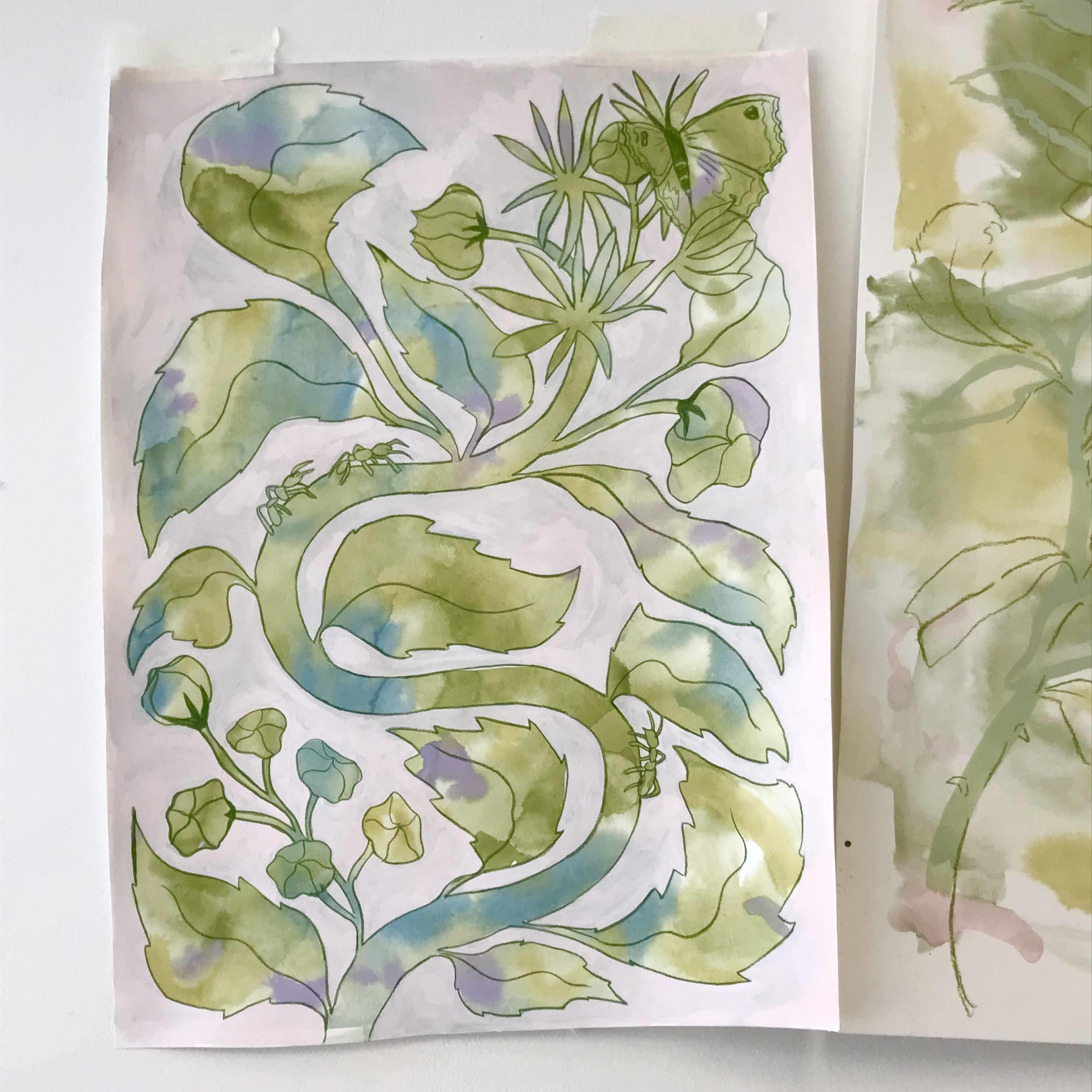 Watercolour illustration of leaves for textiles.