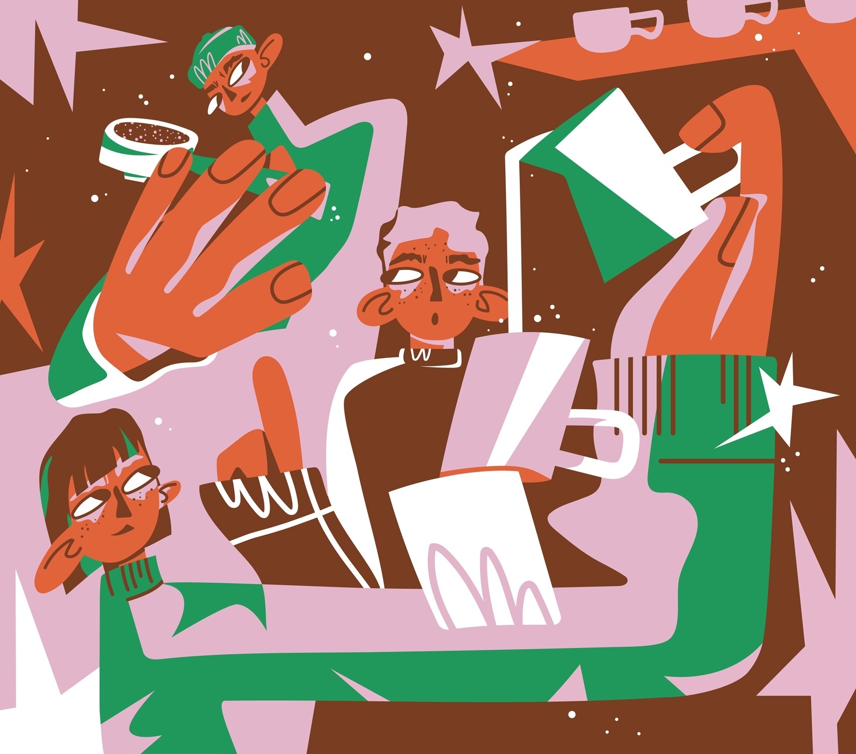 Stylised illustration with angular shapes in pink, green, orange and brown tones showing multiple figures around geometric forms and white stars.