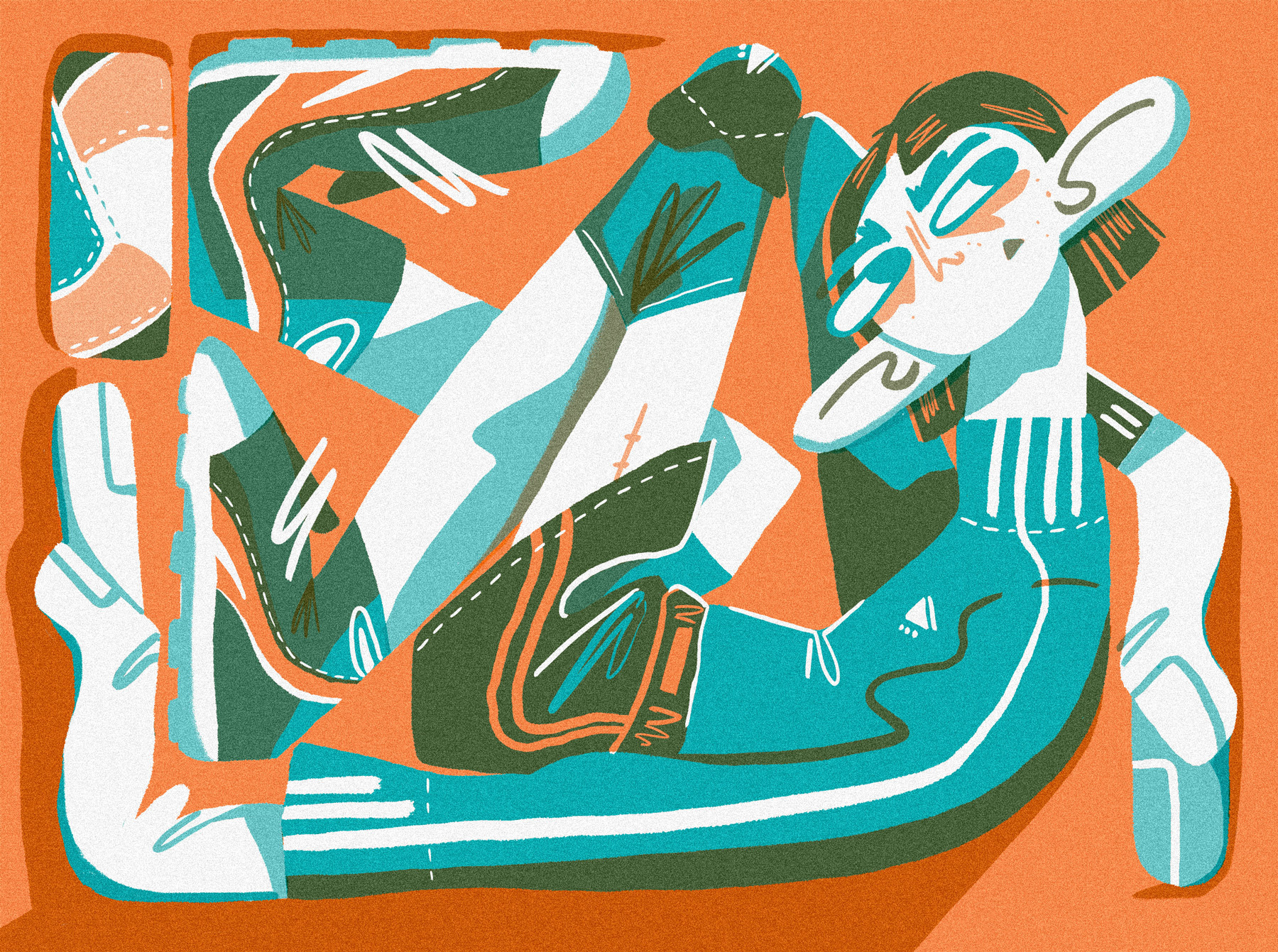 Abstract illustration with orange background featuring stylised white figure with angular shapes in green, teal, and blue tones.
