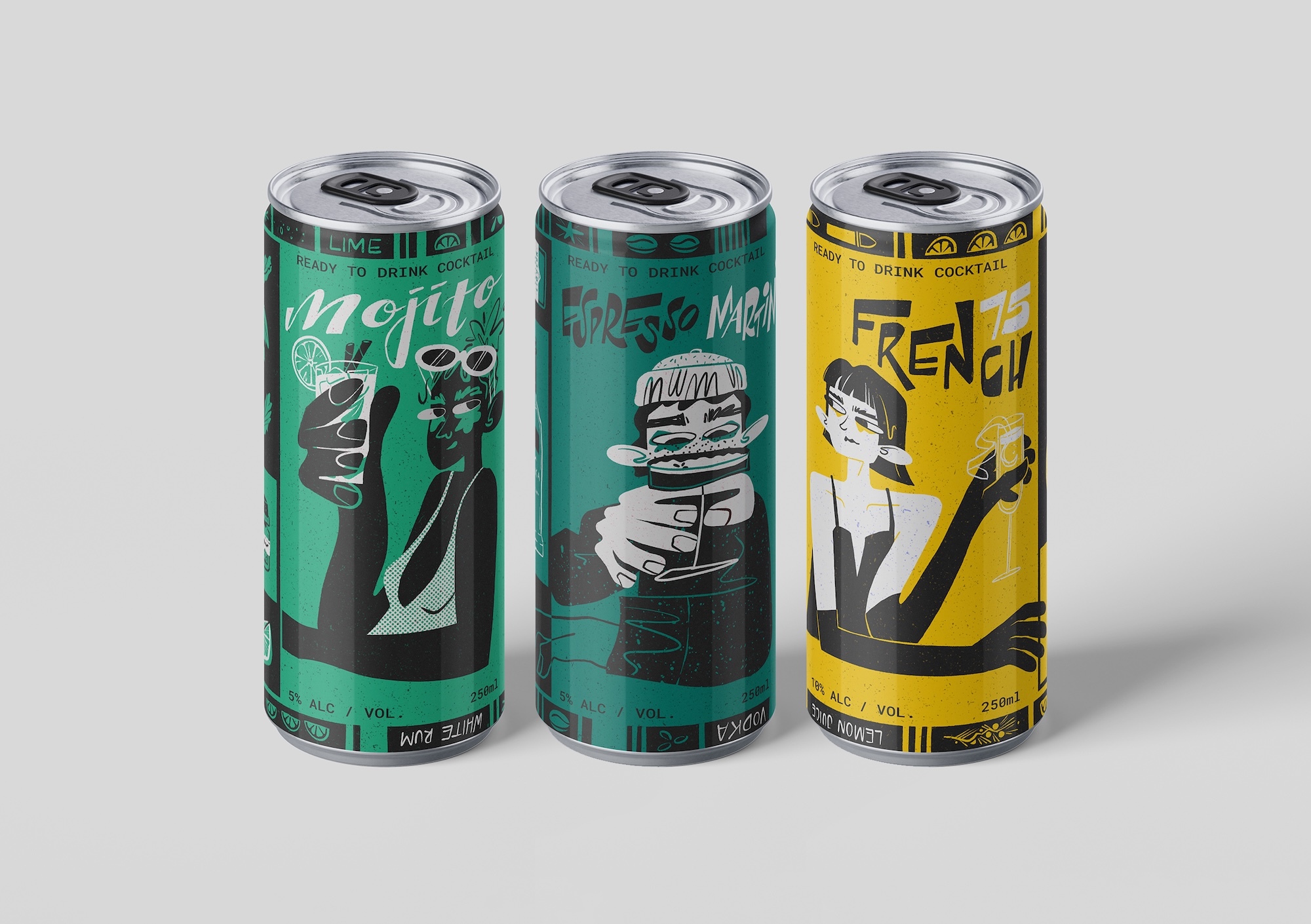 Three beverage cans in a row: two green cans with black and white character illustrations, one yellow can with black and white figure holding utensils.