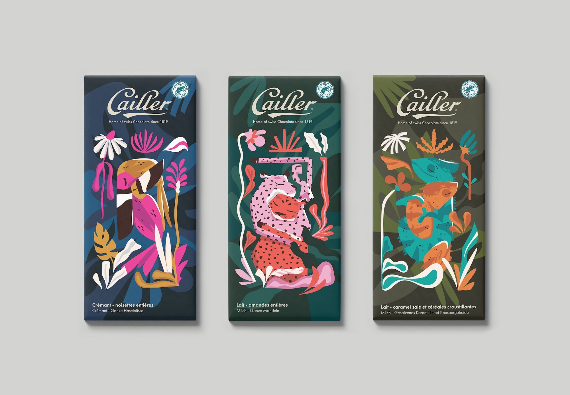 Three Cailler chocolate bar packages with colourful tropical illustrations on dark blue, green, and olive backgrounds with white branding.
