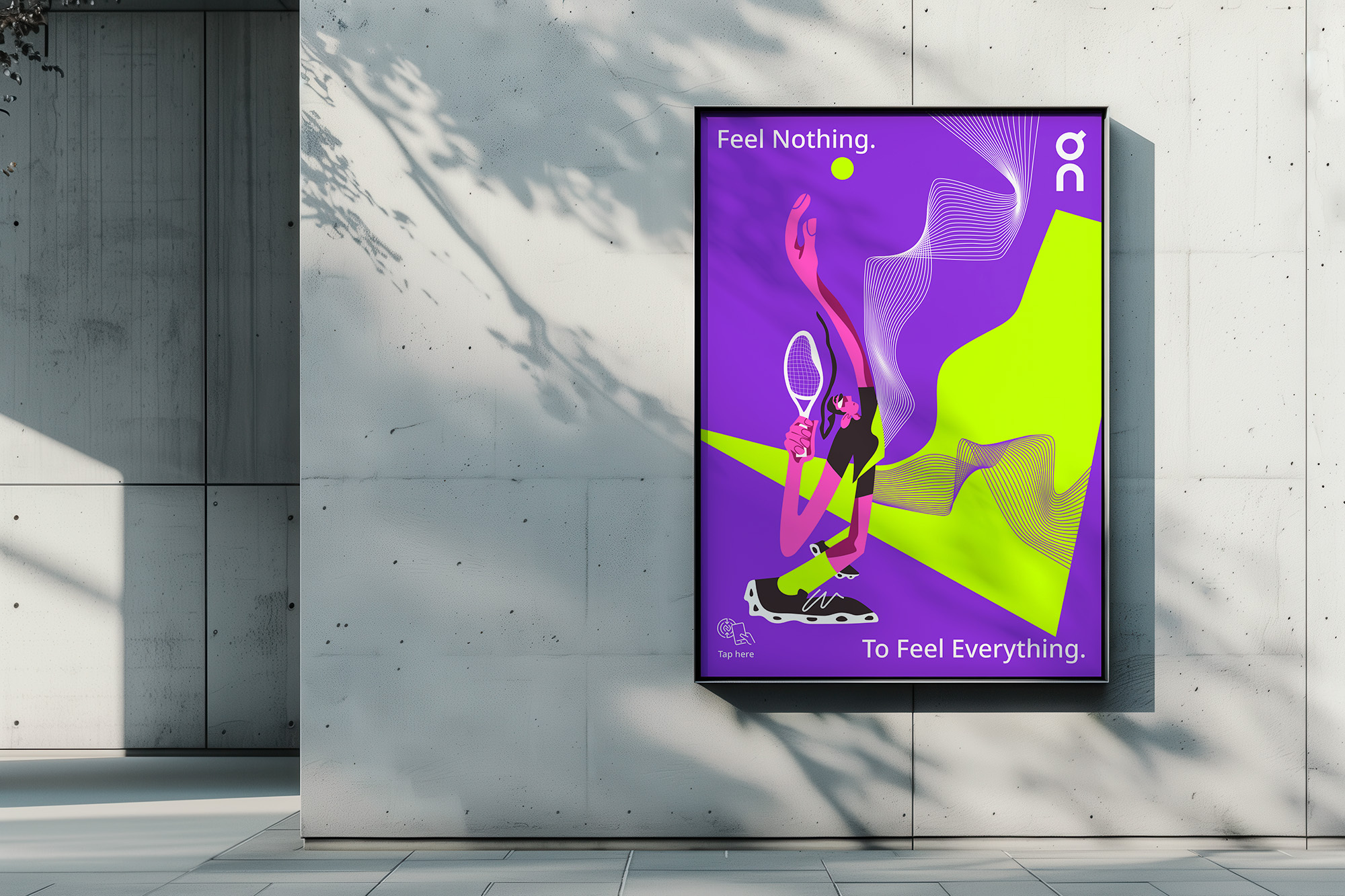 Purple poster with bright green geometric shapes and pink figure on grey concrete wall beside glass doors with shadows.