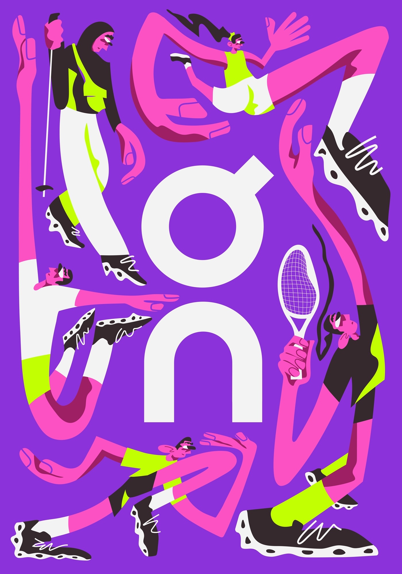 Purple background with white "on" text, surrounded by pink and black figures in neon green, white athletic wear holding sports equipment.