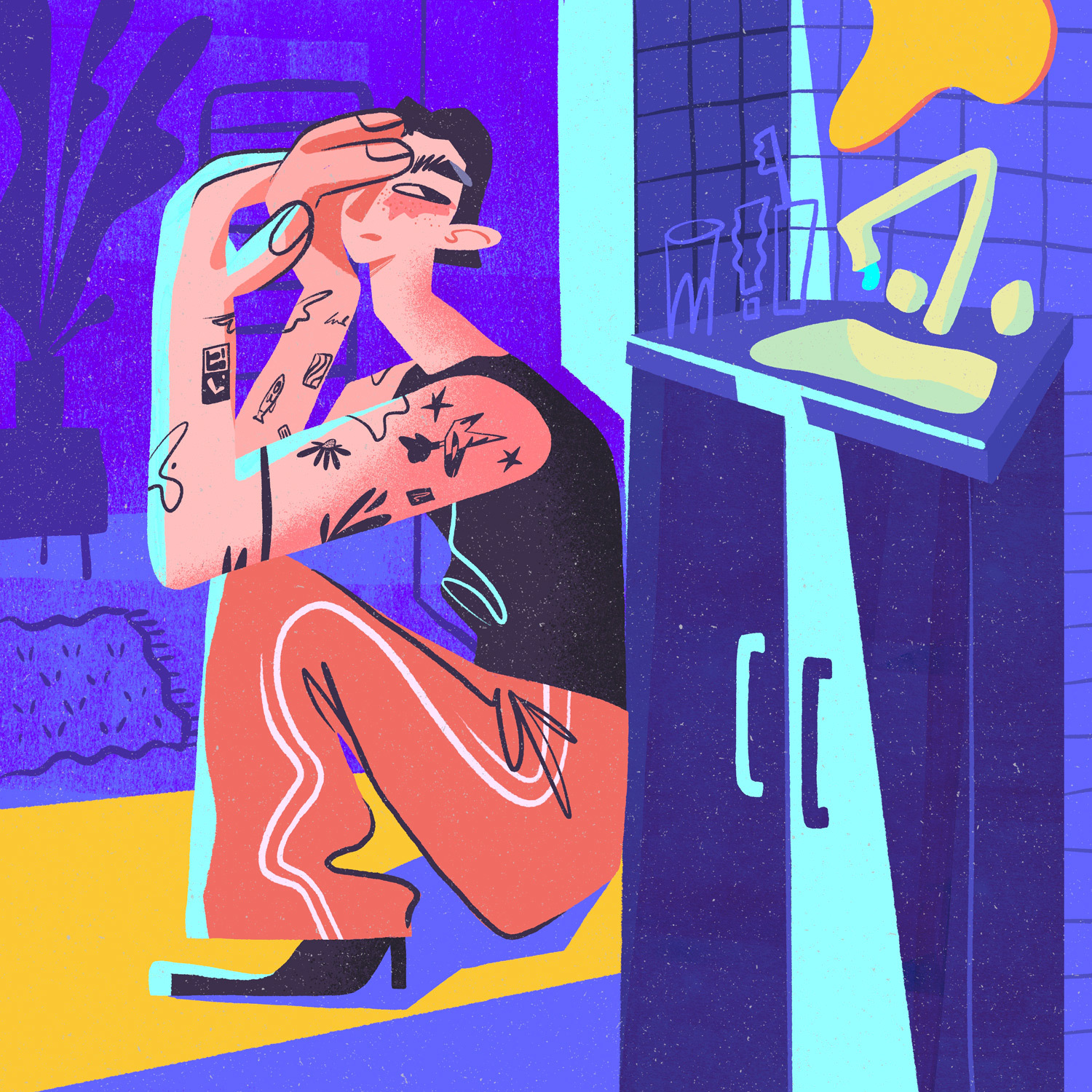 Stylised illustration of tattooed figure in purple, pink and orange tones sitting beside blue bathroom sink with yellow accents and mirror.