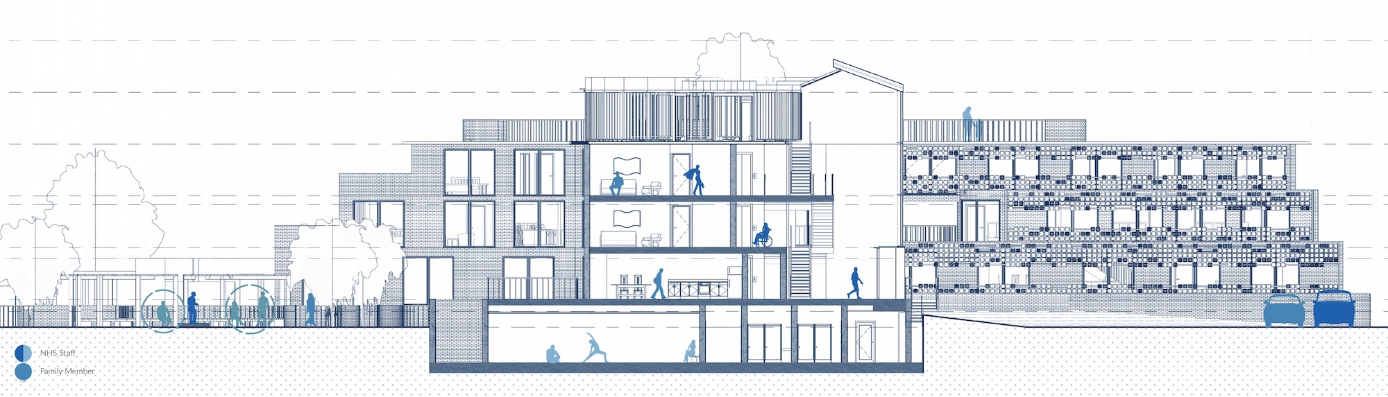 Architectural elevation drawing showing multi-storey buildings in blue and grey tones with rectangular windows and geometric forms.