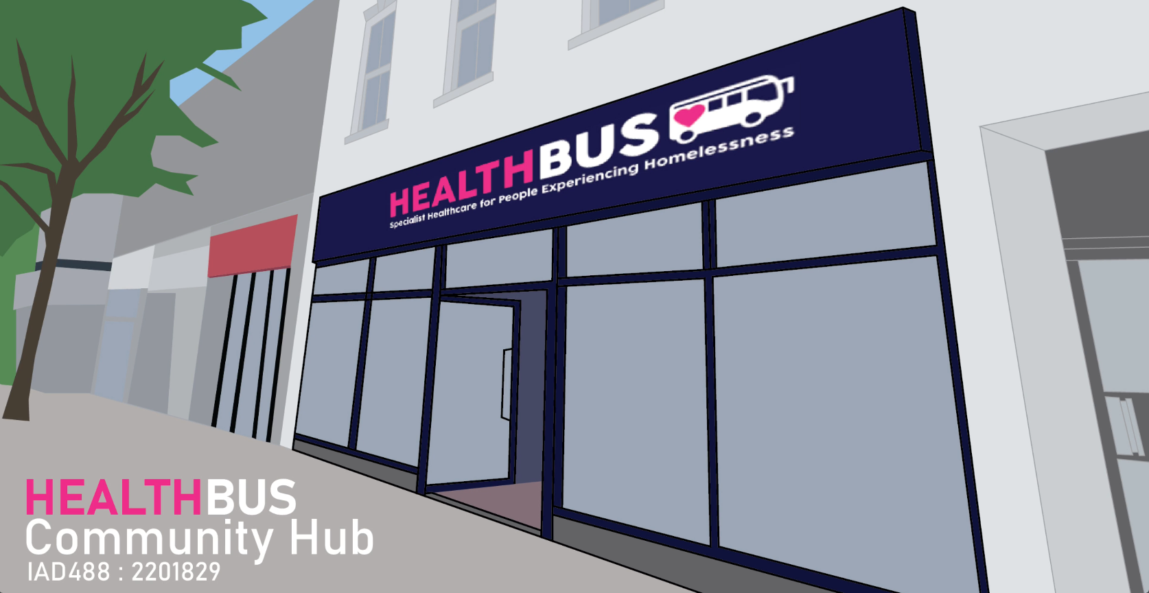 Screenshot from Lenya's project showing a 3D mock-up storefront titles 'healthbus' in white and pink text.