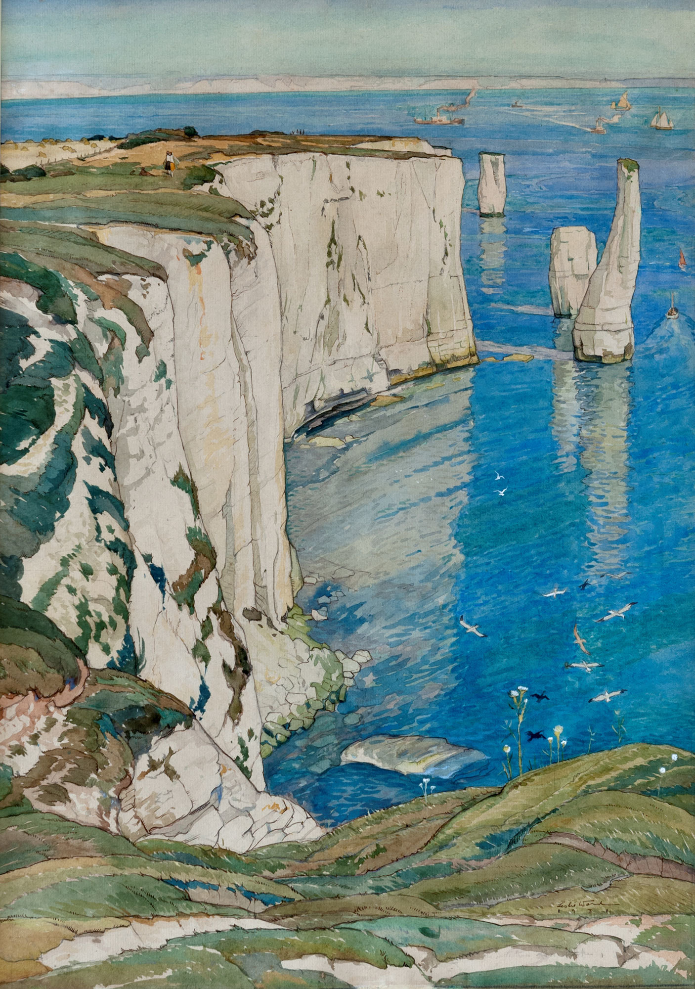 Painting of coastal chalk cliffs with the sea below and rocks on the right.