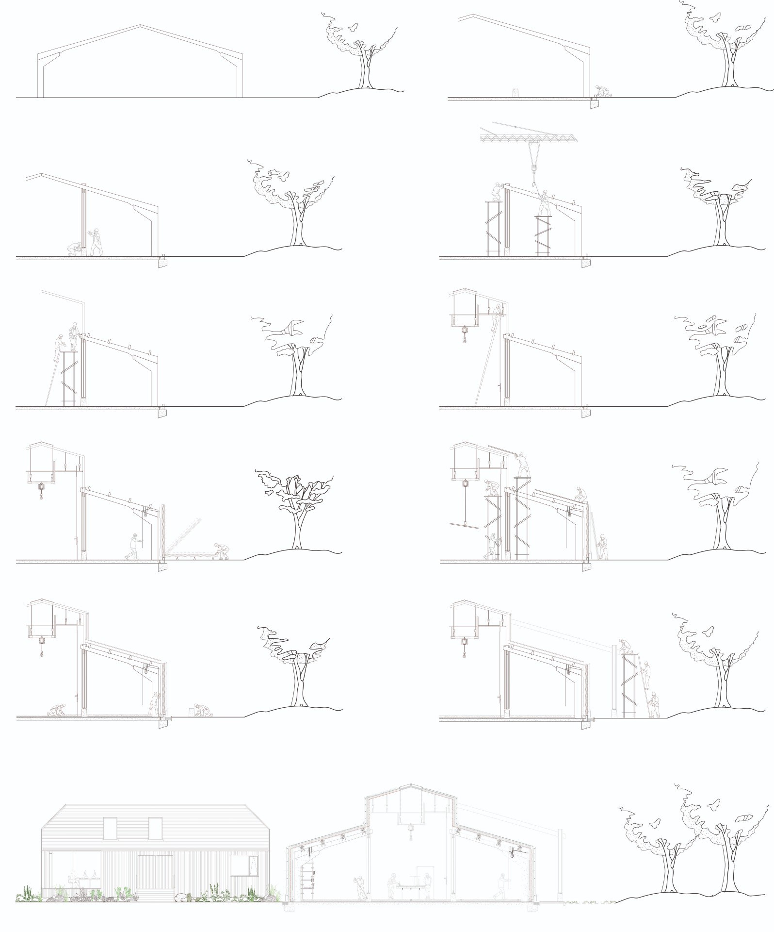A series of line drawings showing development of a building with a tree outside.