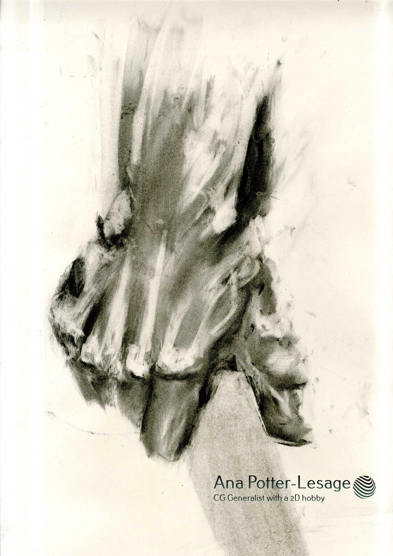 Charcoal drawing of a hand in mid-grip.