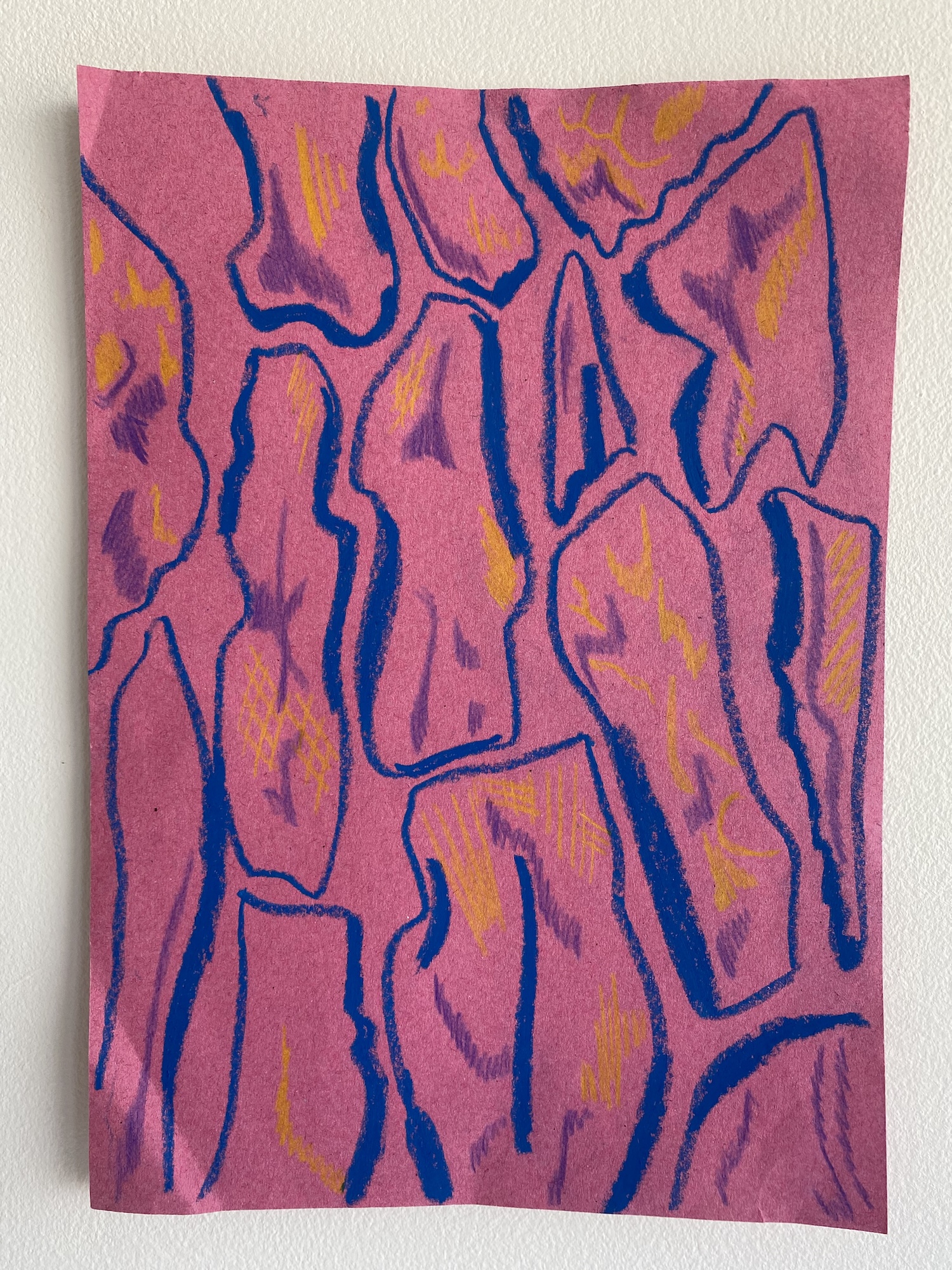 Piece of pink paper with an abstract pattern drawn in blue, purple and yellow pastels.