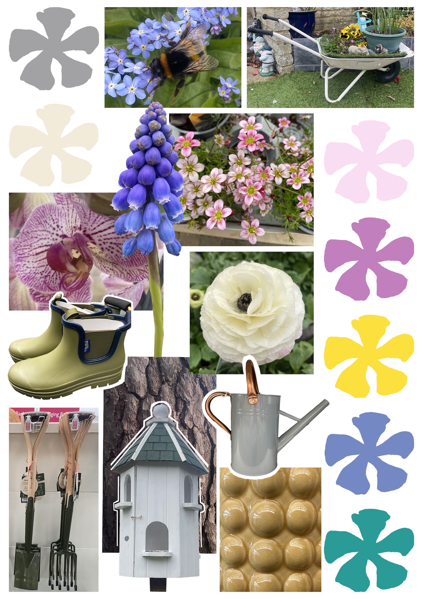 Mood board with pictures of assorted flowers, garden equipment and colourful floral stamps.