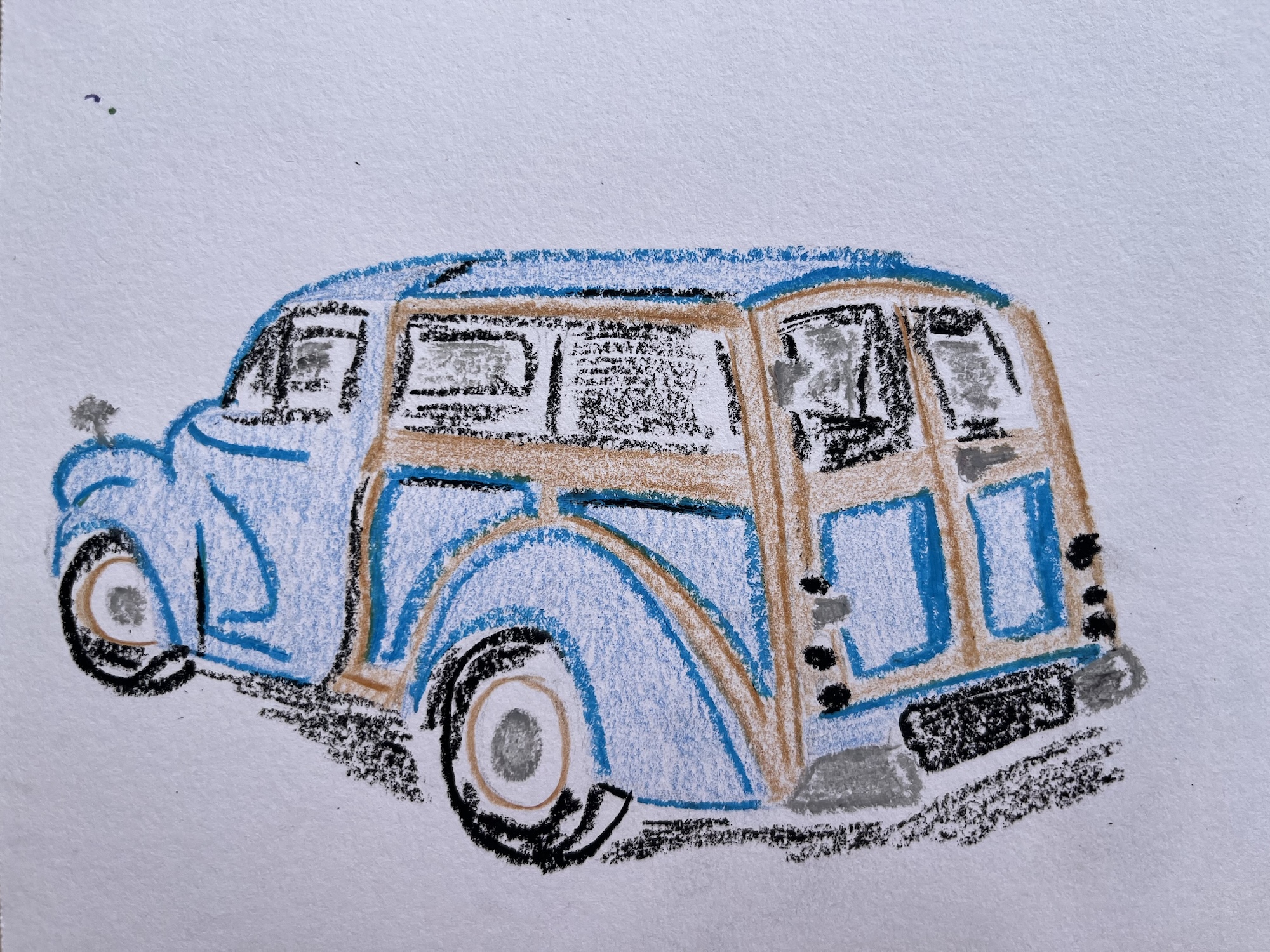 A blue and beige vintage station wagon is drawn in crayon on white paper, shown from the rear three-quarter view.