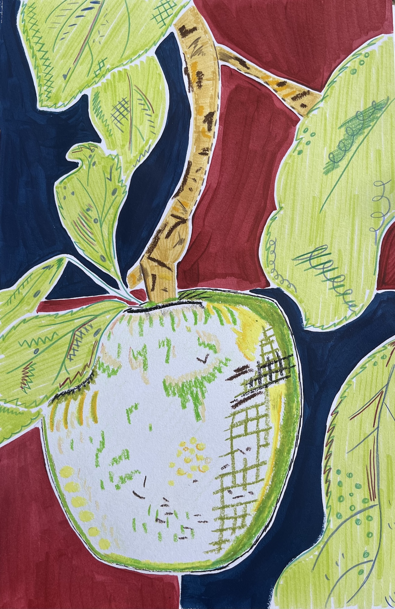 A hand-drawn apple with green leaves on a branch, set against a red and dark blue background.