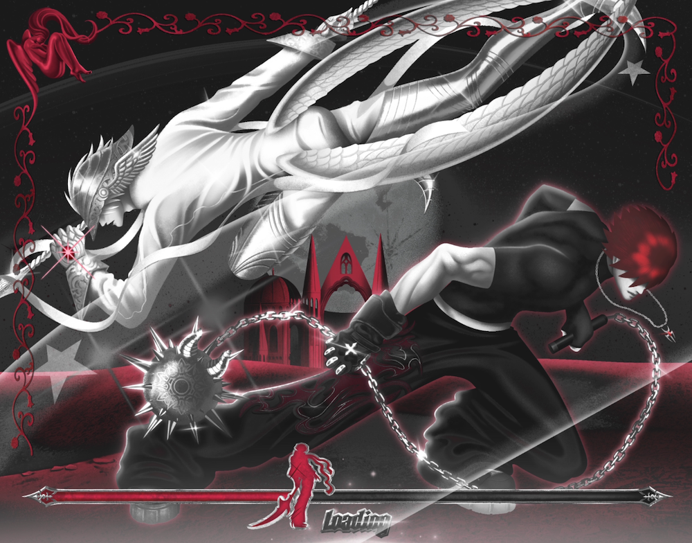 An illustration featuring two characters engaged in a dynamic fight. One character has white hair and wings, while the other is wearing a hood and appears to wield a weapon with chains. The background depicts a stylised landscape with a gothic structure.