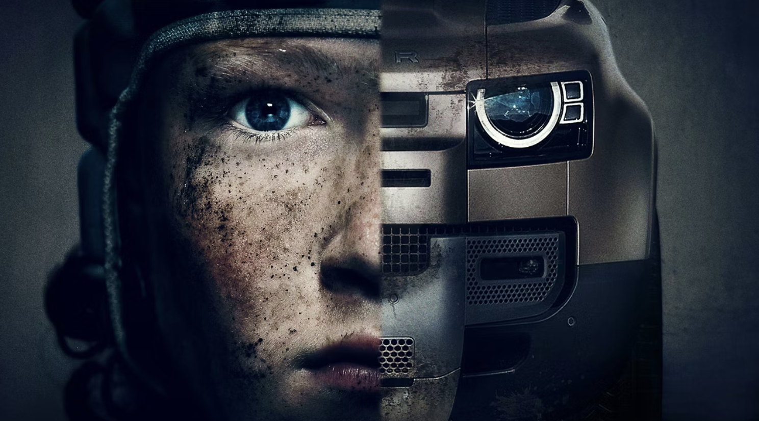 Split-screen still from a Jaguar Land Rover advert. The left half of the screen shows a close-up of a driver's face; the right shows the front of a Jaguar Land Rover vehicle, with its headlight resembling an eye.