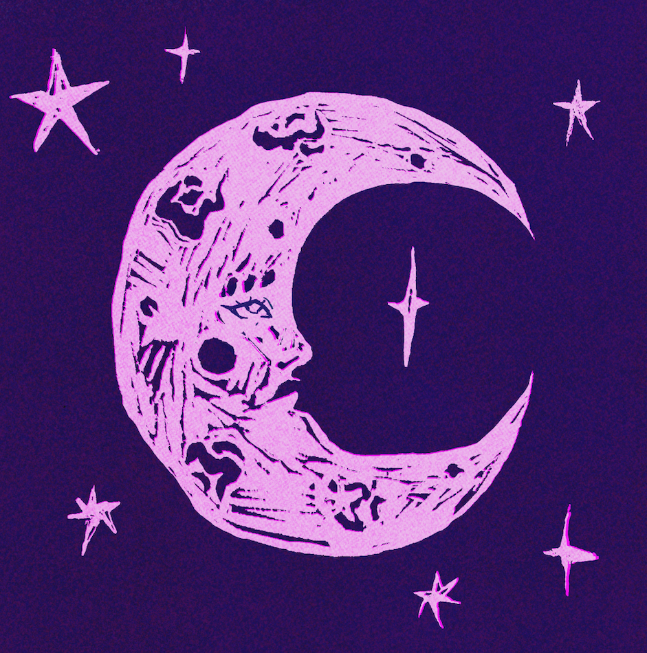 Pink crescent moon with textured surface and facial features on purple background, surrounded by six pink four-pointed stars.