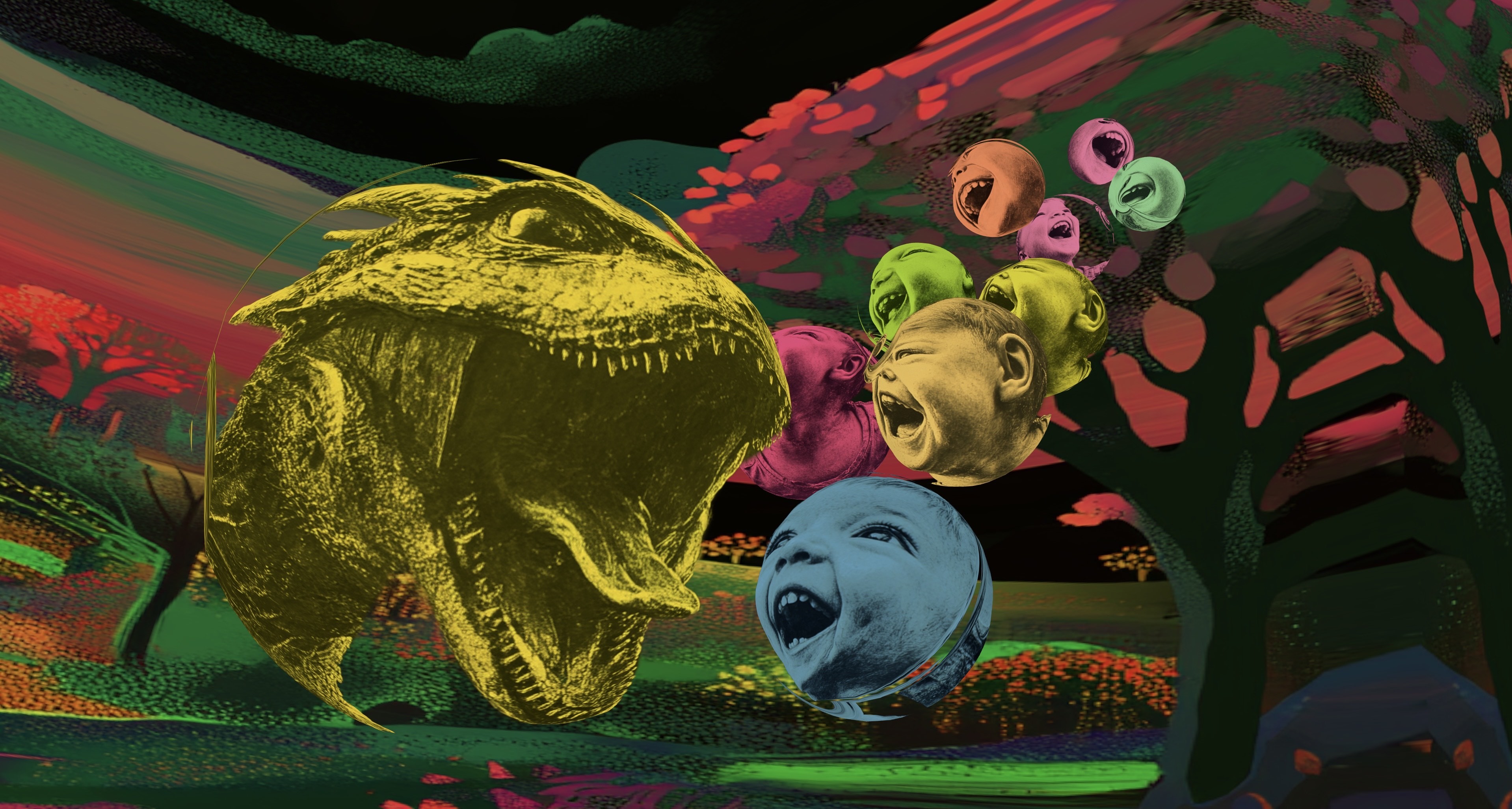 Abstract artwork of a yellow dragon with its mouth open and tongue exposed, while different-coloured bubbles containing the faces of laughing children face towards it. Several colourful trees are in the background.