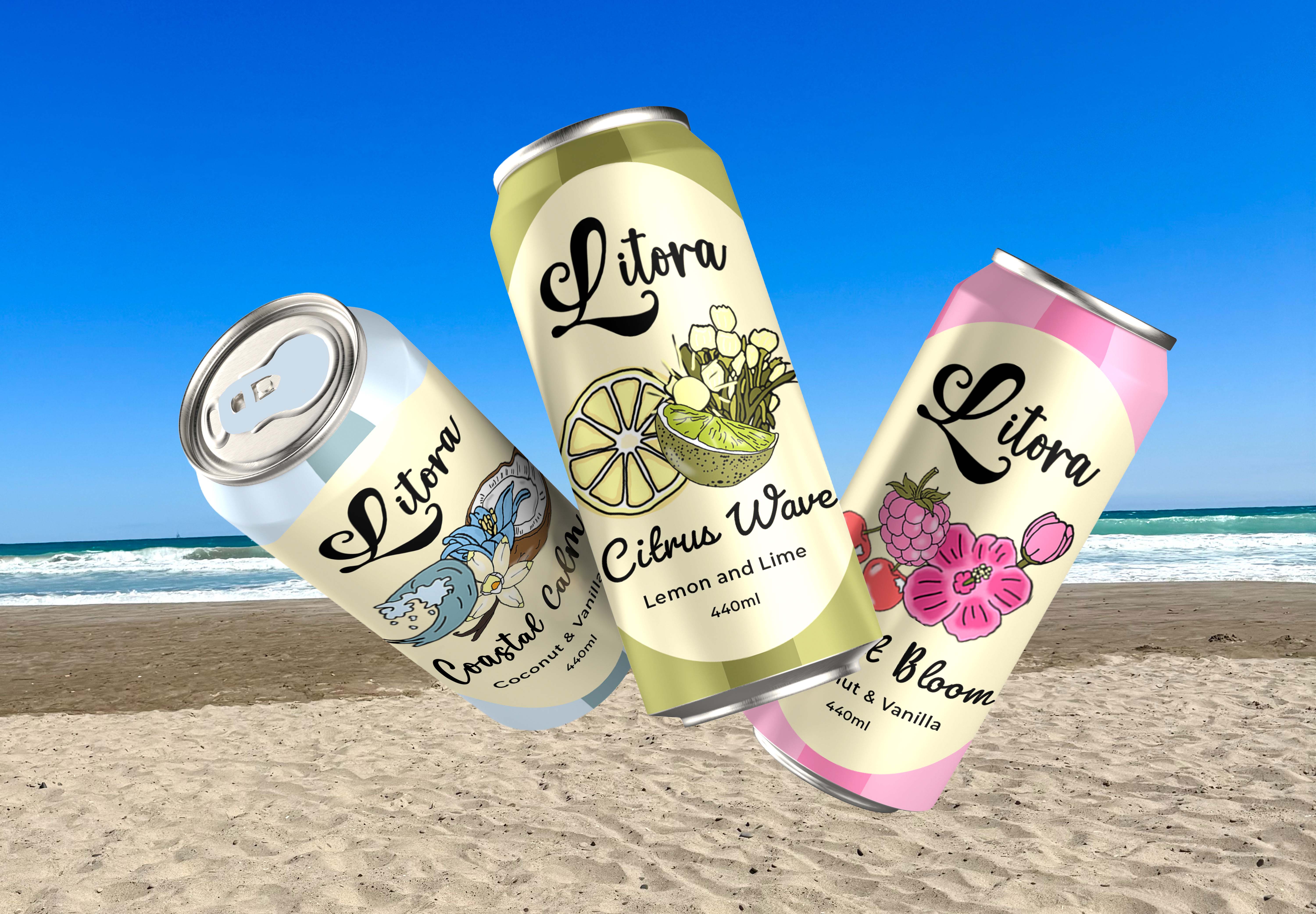 Three Litora canned drinks with pastel labels, including Citrus Wave and Bloom, arranged on a white background.