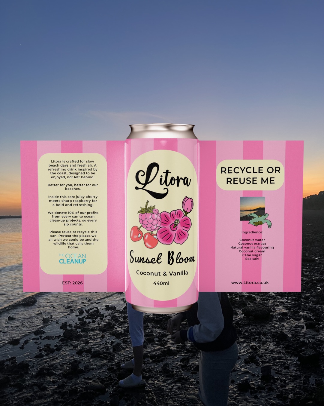 A pink Litora Sunset Bloom coconut and vanilla can beside its recyclable sleeve, shown on a rocky beach at sunset.