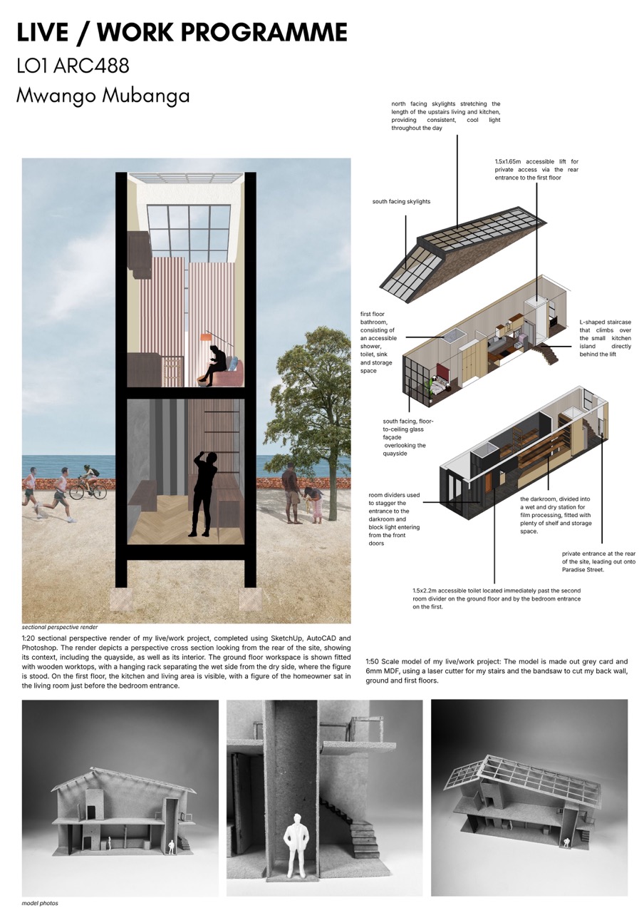 Architectural renders and mock-ups of a tall, thin building for photography, grey 3D models below.