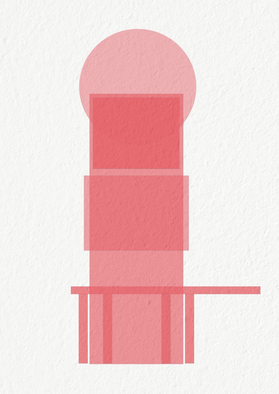 Abstract, minimal red tower in pale red squares and circles, white background.