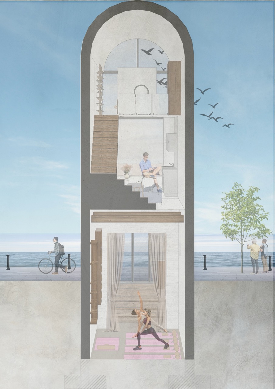 Architectural cross-section render of a tall, narrow arched building with people sat and doing yoga inside, people walking along a promenade behind, blue sky and sea.