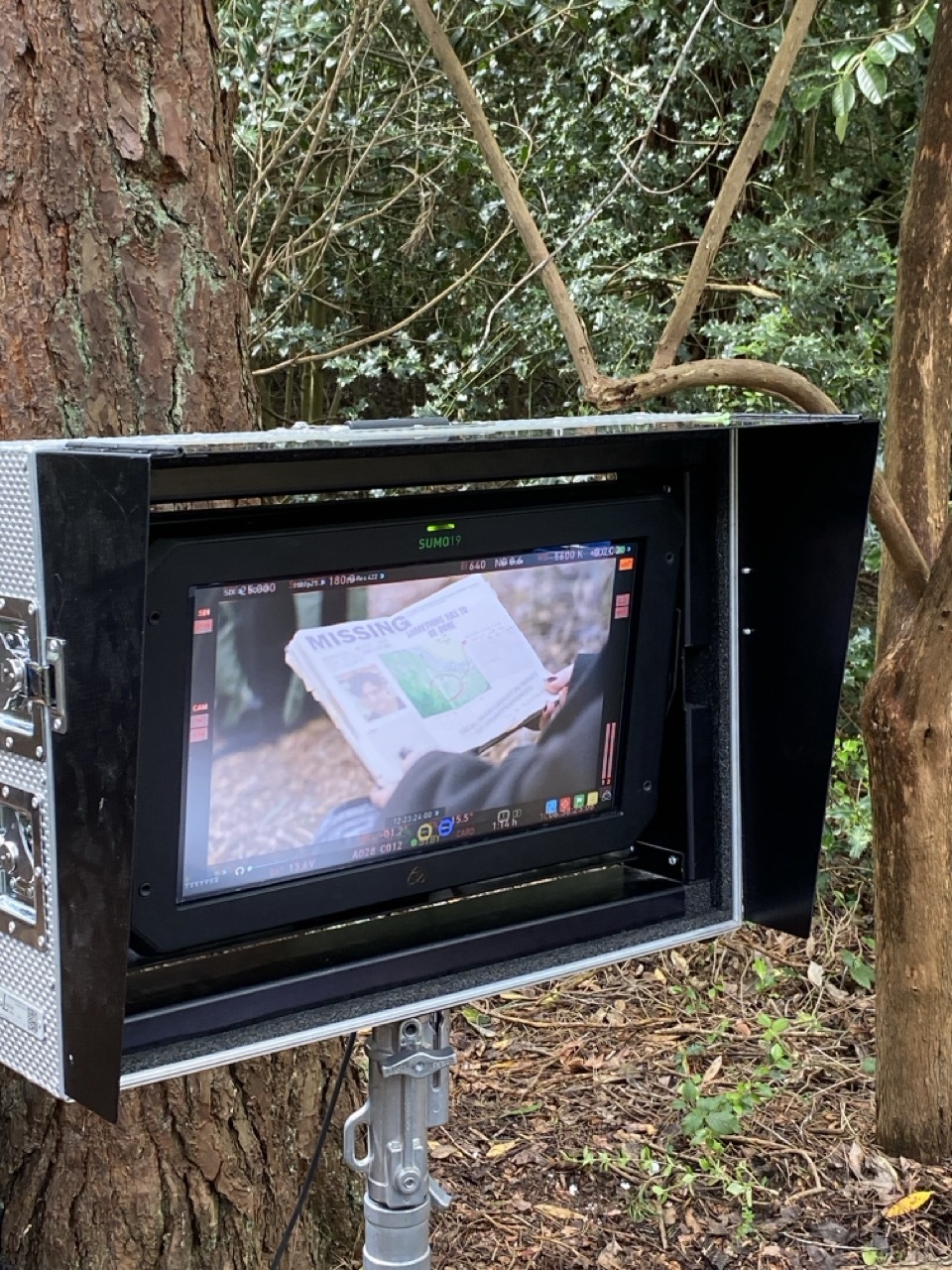 Film equipment and screen in an outdoor forest setting.