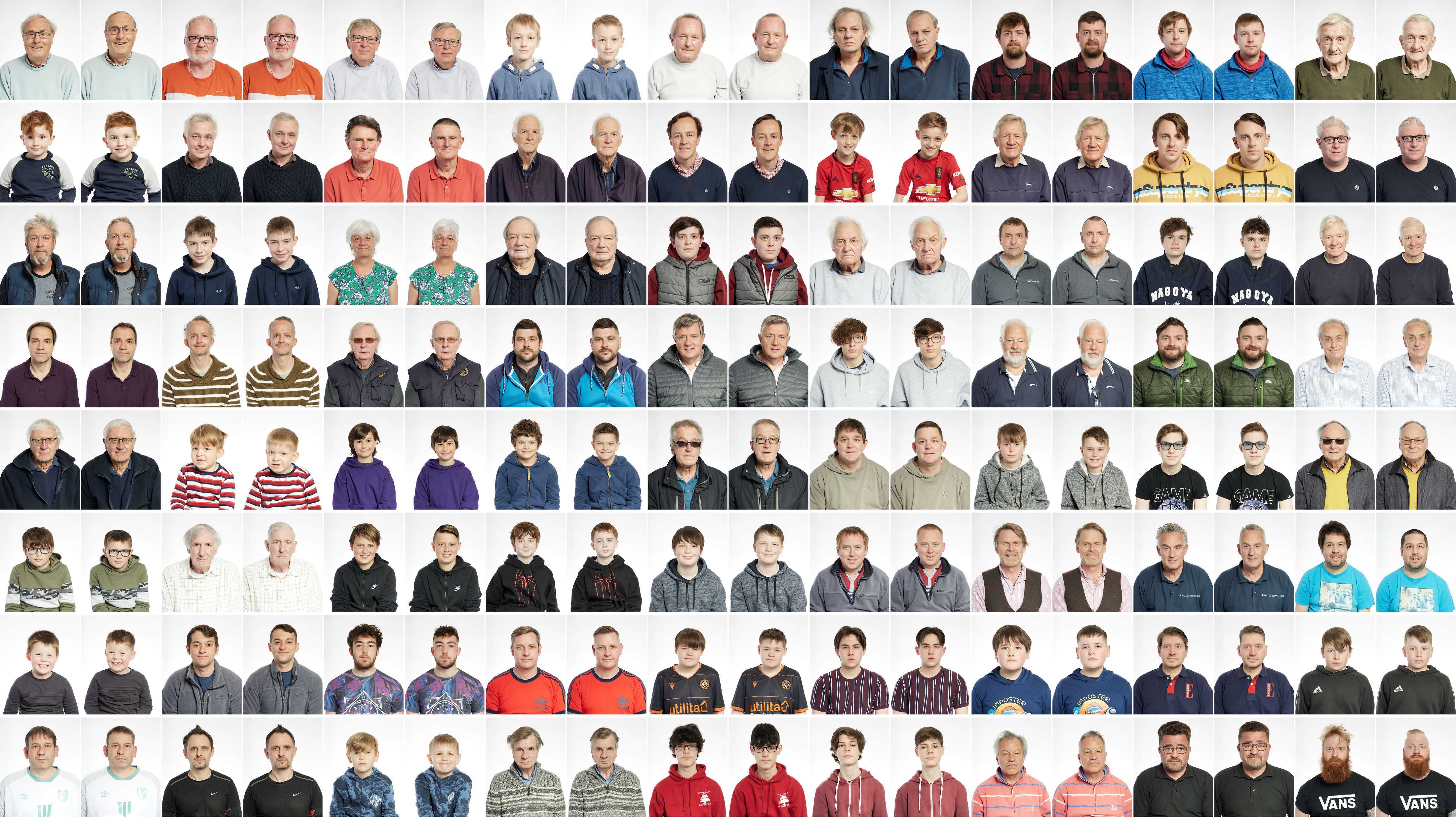 A series of 144 headshots. They are pictures taken of the same subjects before and after the COVID-19 lockdowns.