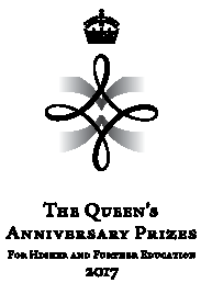 A logo featuring a curlicued design and a crown above it. Text below reads, "The Queen's Anniversary Prizes for Higher and Further Education 2017".