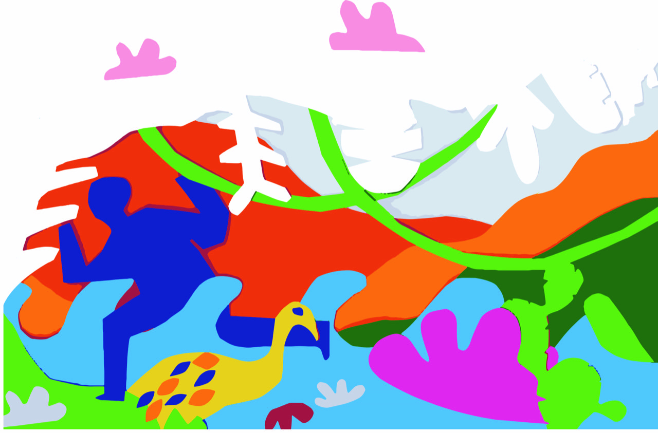 Colourful abstract image showing plant life, a person running, and a bird near water towards the bottom.