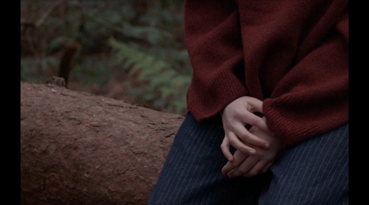 Person in red jumper sitting on stone surface with hands clasped over dark blue jeans, blurred greenery in background.