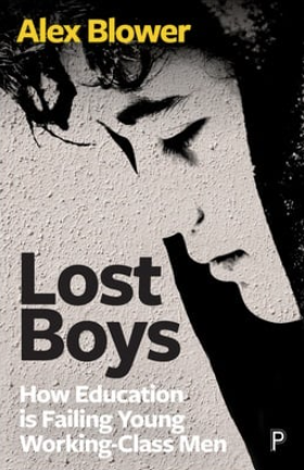 Cover for 'Lost Boys' featuring a black and white graphic of a boy with title text, 'Alex Blower' in yellow text above.