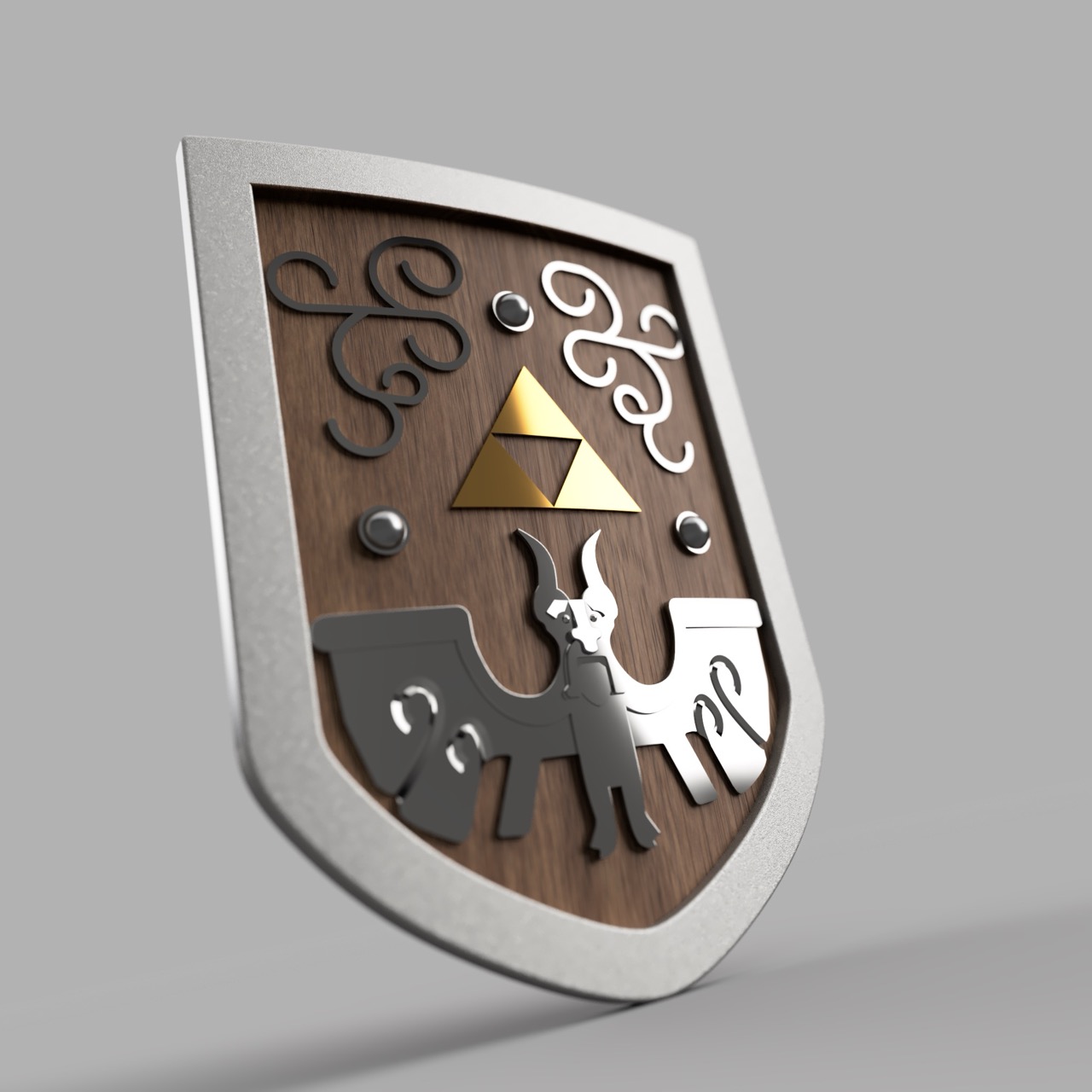 A decorative shield featuring a wooden background with silver and gold embellishments. The design includes a golden triangle, swirling patterns, and an abstract depiction of a creature alongside stylised features, all framed by a silver border.