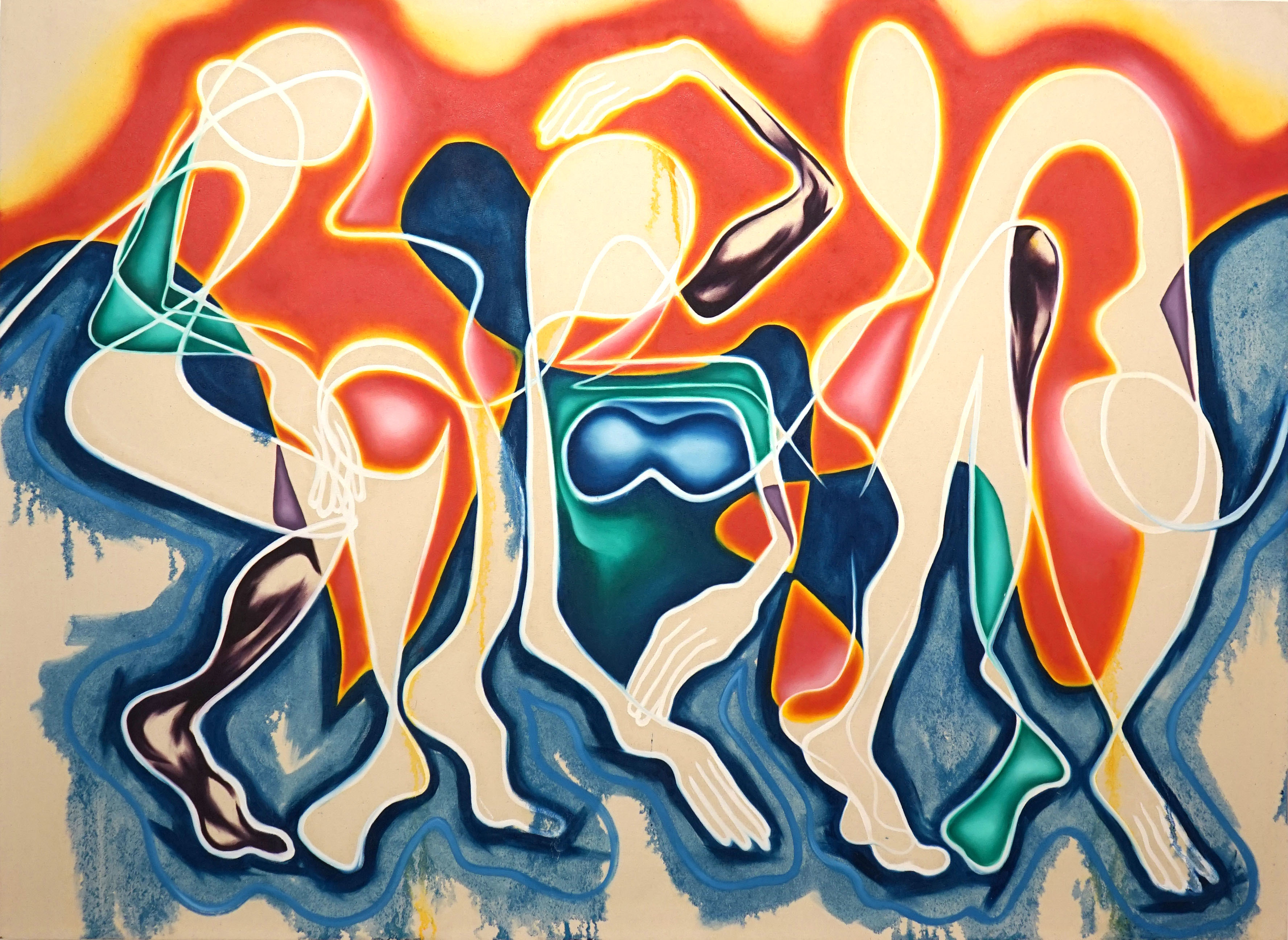 Abstract image of multiple hands and bodies in heat map colours (red, yellow and blue)