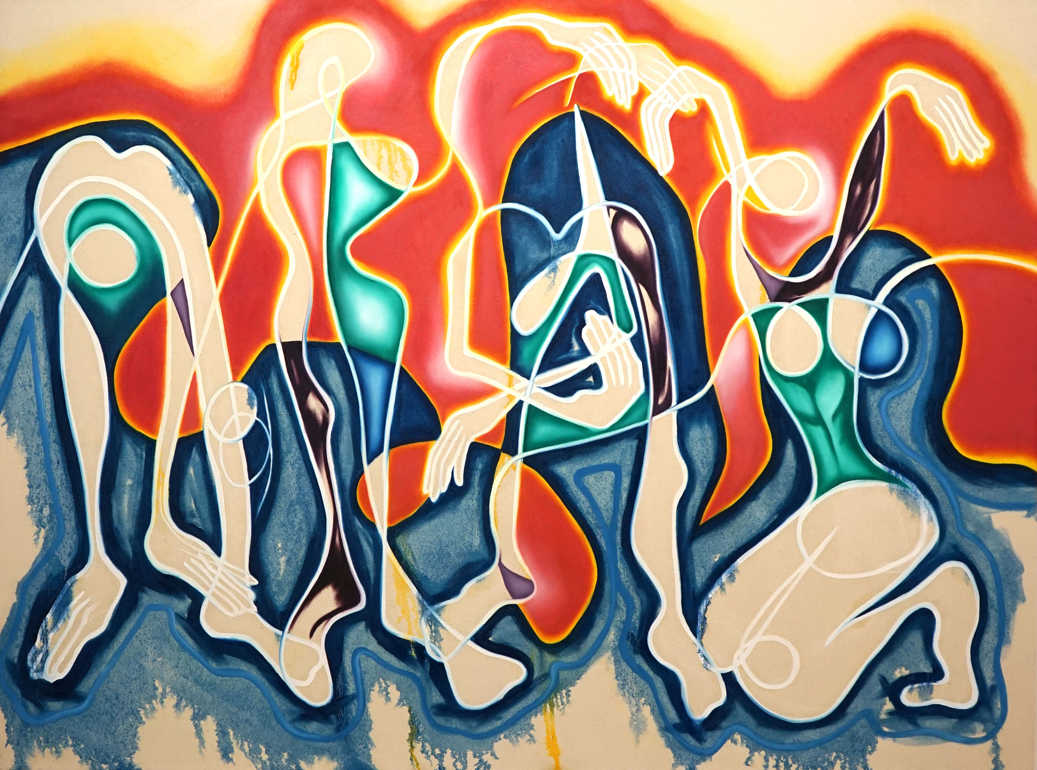 Abstract image of multiple hands and bodies in heat map colours (red, yellow and blue)