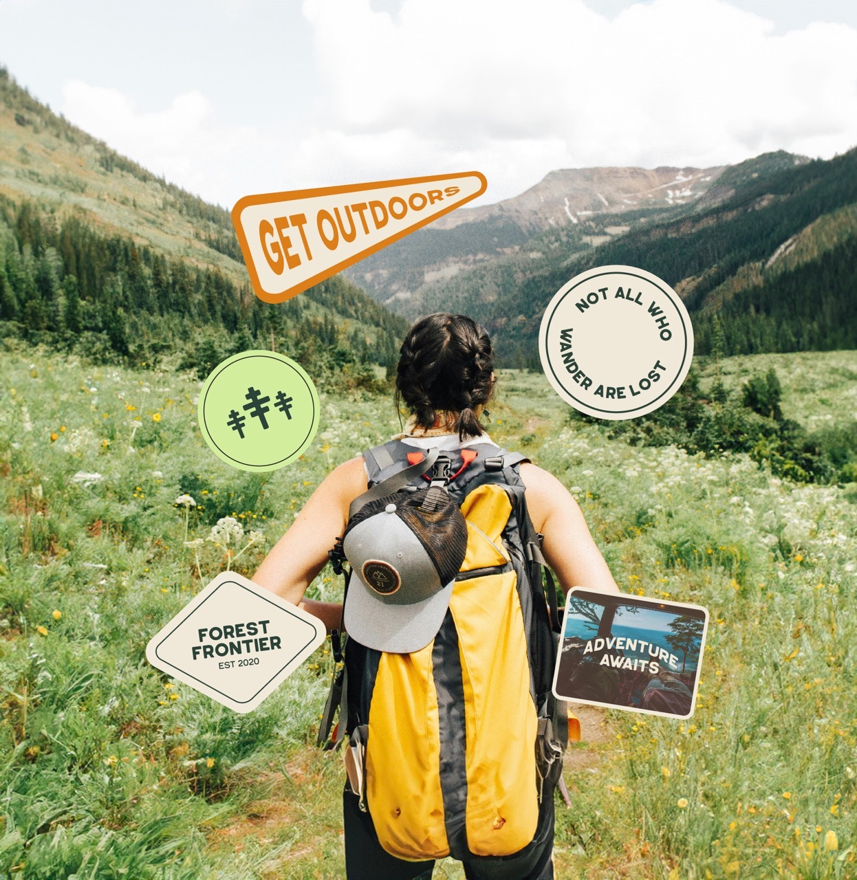 Film-style photo of a person hiking in the outdoors with a yellow backpack, surrounded by stickers.
