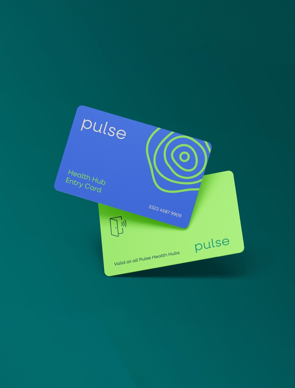 Mock-up of two 'pulse' cards, blue and green, on a deep teal background.